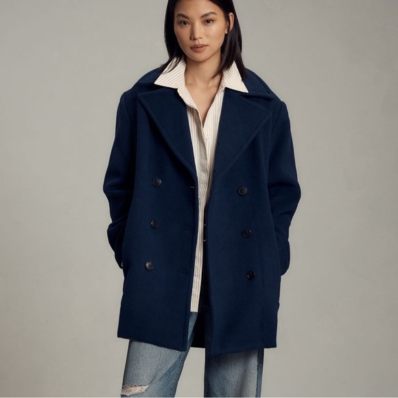 NWT Anthropologie Maeve double breasted wool blend coat in navy blue - Picture 1 of 8